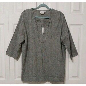 Hot Cotton Linen Minimalist Tunic Blouse Split Neck 3/4 Sleeve Neutral Boho Sz L